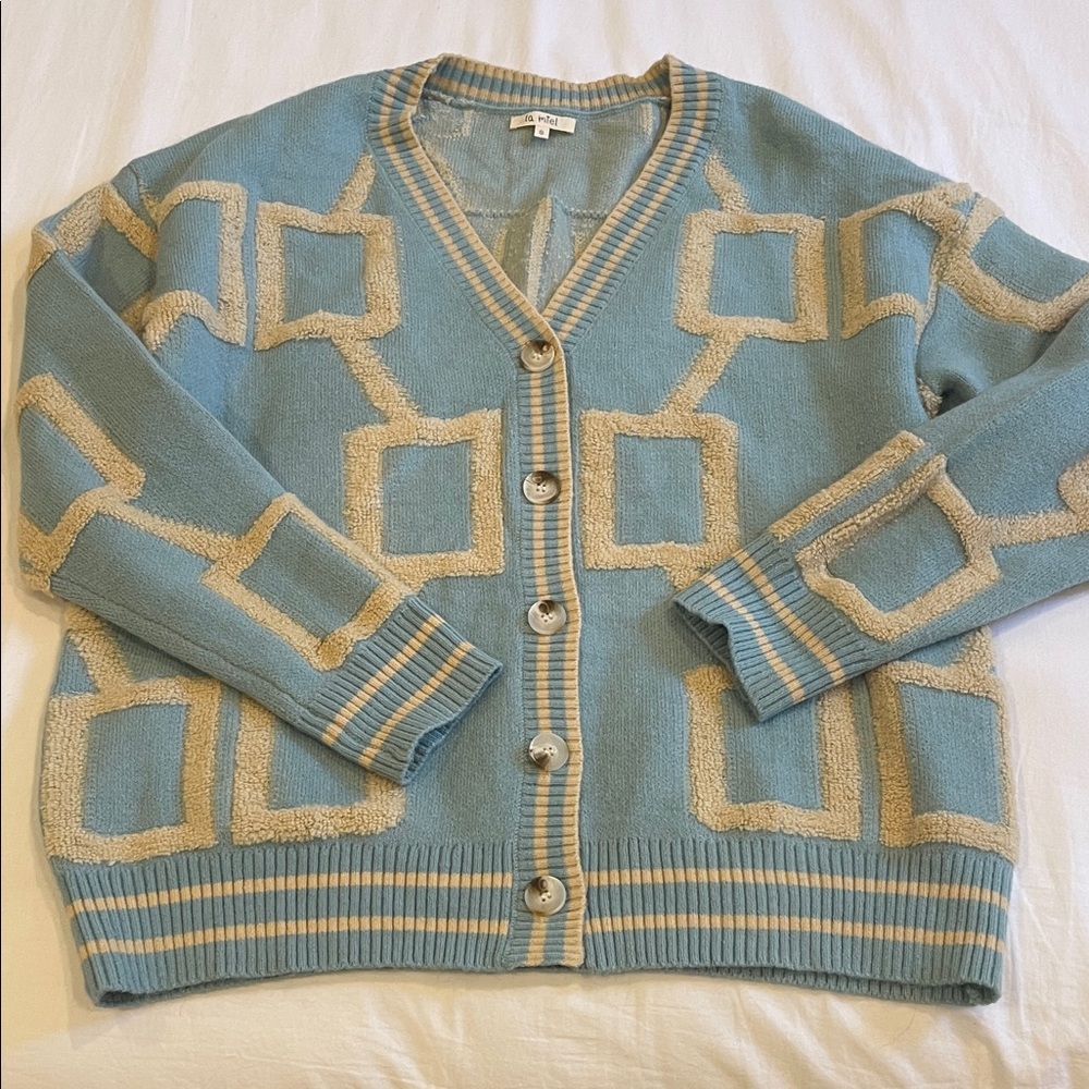 LA MIEL Blue and Cream Geometric Cardigan